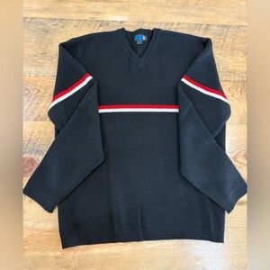 J. Crew Men's V-Neck Sweater in Black with Red and White Accents